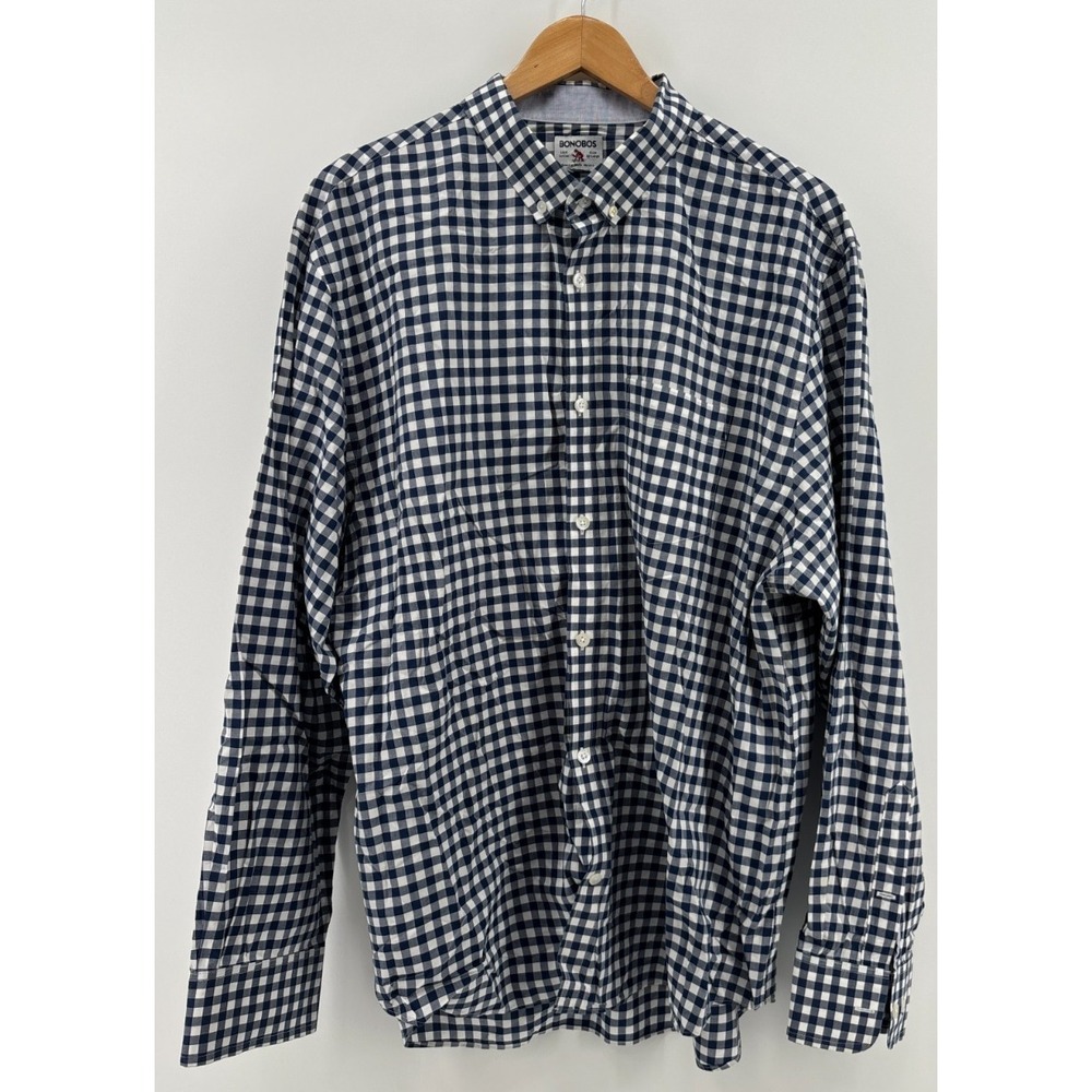 Bonobos Mens XXL Navy White Gingham Check Long Sleeve Button Down Shirt